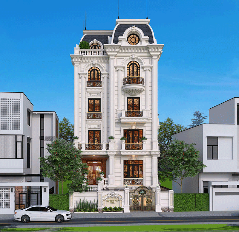 Thiết kế biệt thự 5 tầng mang phong cách cổ điển kết hợp với mansard thể hiện được sự sang trọng quyền quý của căn nhà lẫn chủ nhân sở hữu