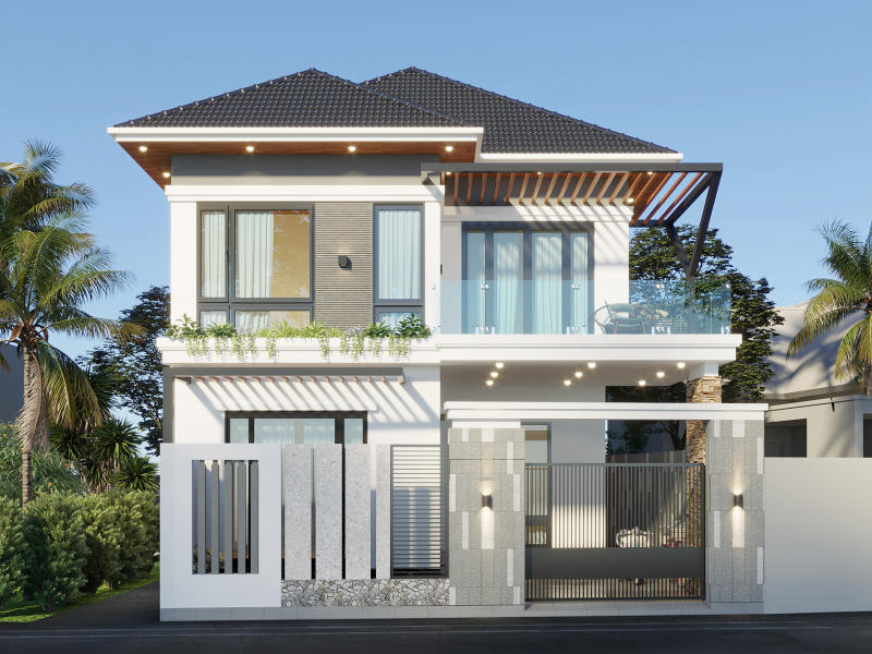Thiết kế nhà mái thái Nhật 2 mặt tiền 2 tầng phong cách hiện đại